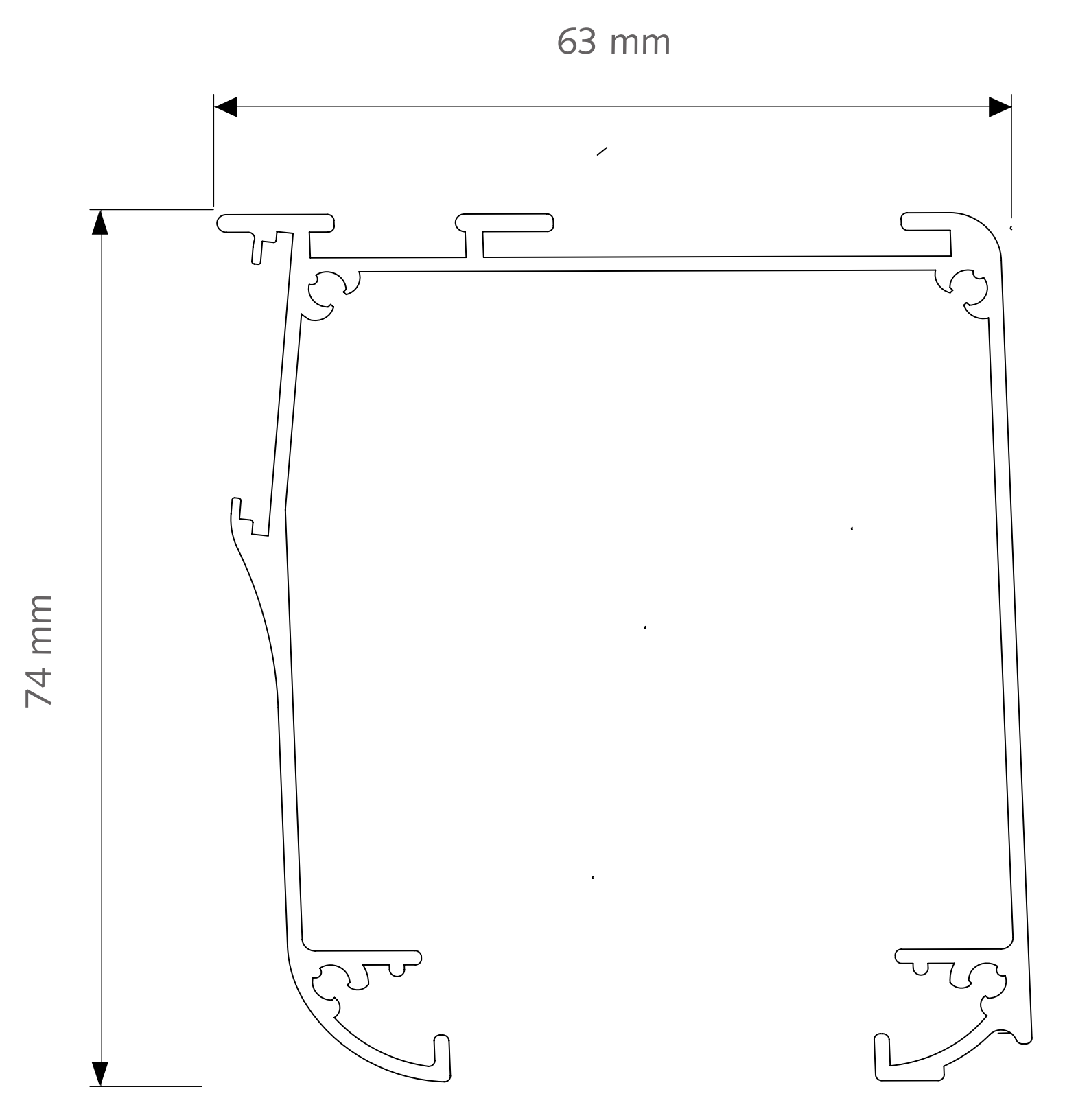 Forest BCS profiel, doorsnede en maatvoering Doorsnede van het Forest BCS railprofiel: 63 mm breed en 74 mm hoog.