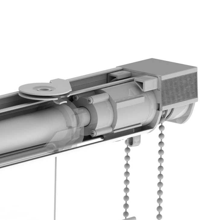 Forest BS Child Safety control unit, detail Opengewerkt BS profiel met de Child Safety control unit en een hangende bedieningsketting.
