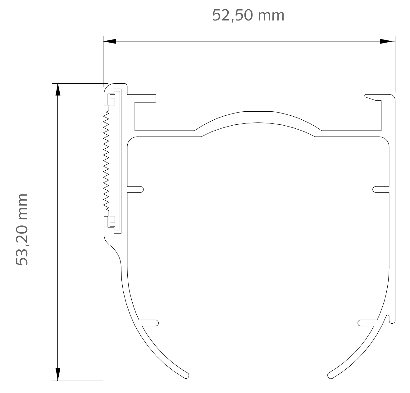Forest BS-MAX profiel, doorsnede en maatvoering Doorsnede van het Forest BS-MAX railprofiel: 52,50 mm breed en 53,20 mm hoog.