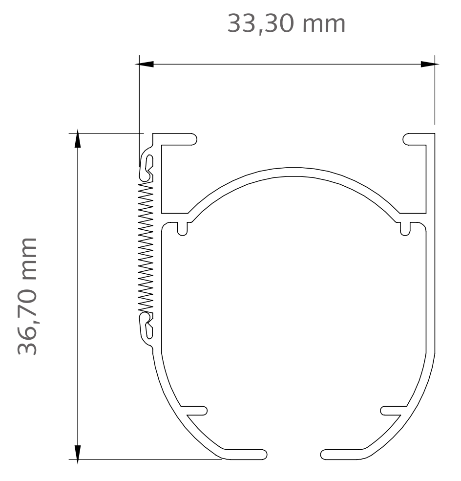 Forest BS profiel, doorsnede en maatvoering Doorsnede van het Forest BS railprofiel: 33,30 mm breed en 36,70 mm hoog.