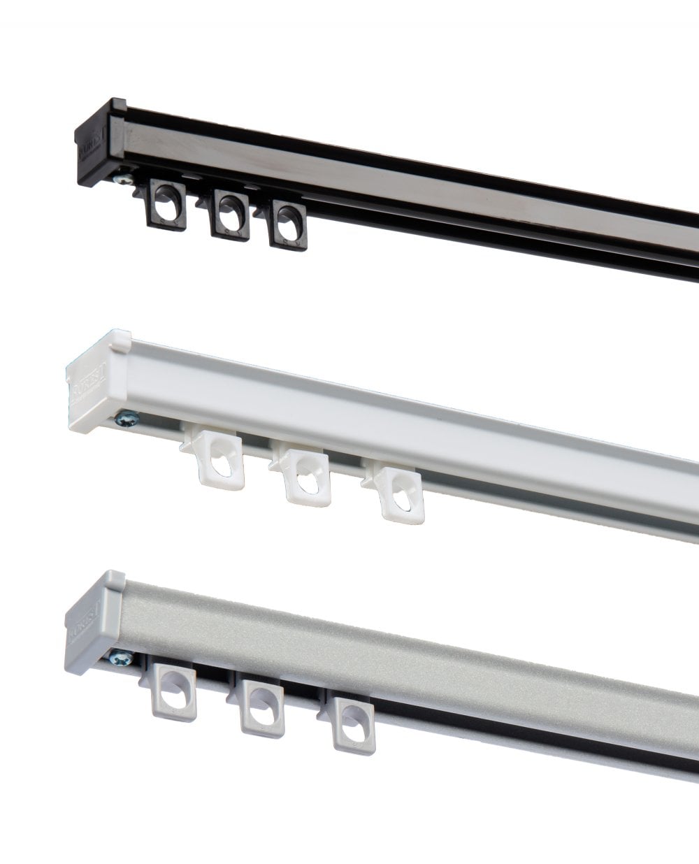 Forest KS gordijnrails in zwart, wit en aluminium voor technische beoordeling.