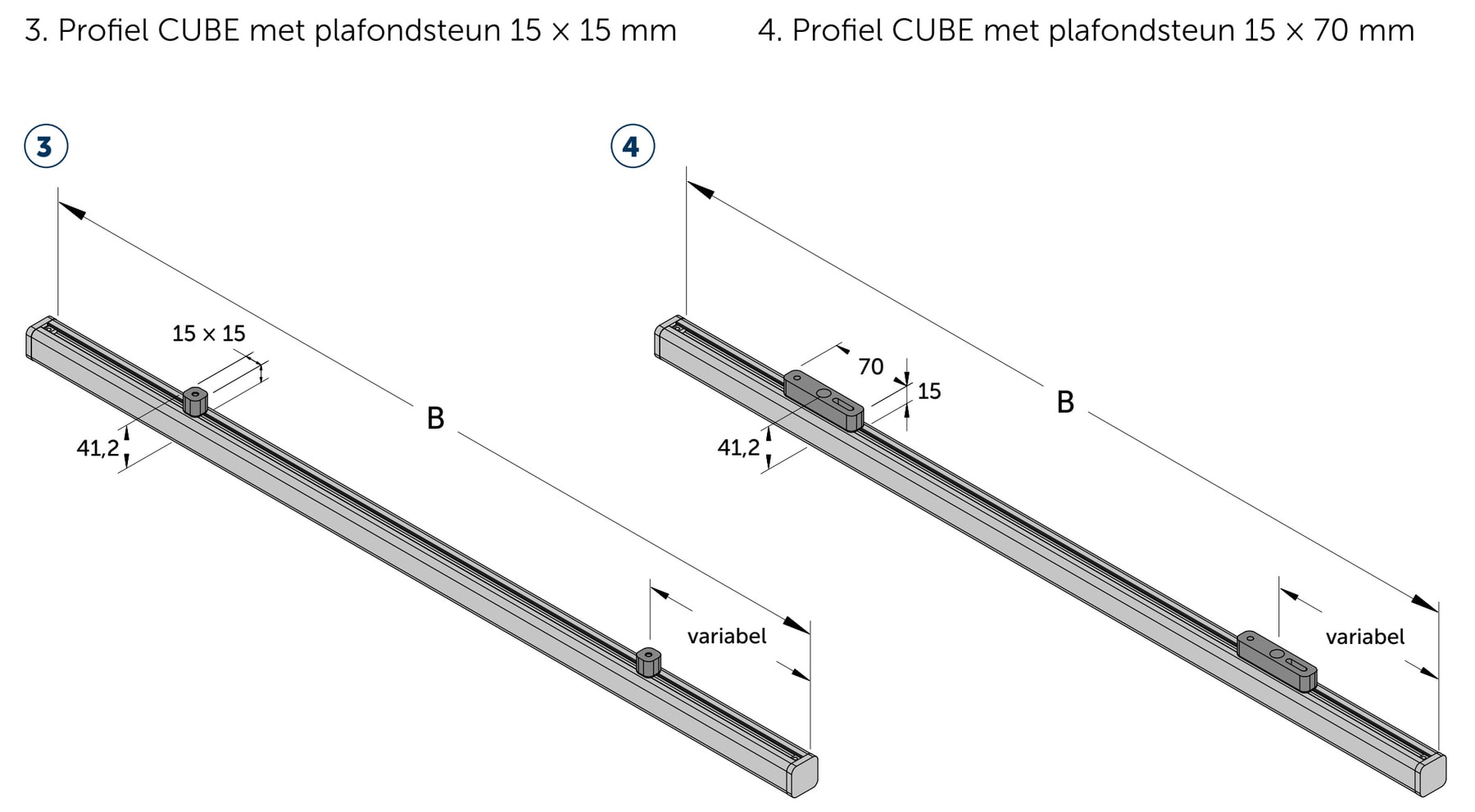 JAB SLIDE CUBE plafondmontage 15x15 en 15x70 mm maatvoering Technische illustratie van JAB SLIDE CUBE plafondmontage 15x15 en 15x70 mm maatvoering.