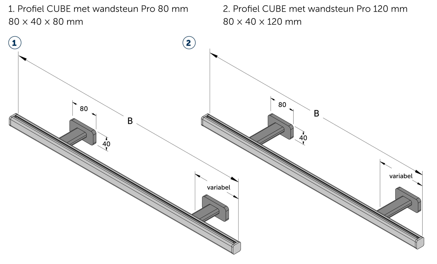 JAB SLIDE CUBE wandmontage pro 80 en 120 mm maatvoering Technische illustratie van JAB SLIDE CUBE wandmontage pro 80 en 120 mm maatvoering.