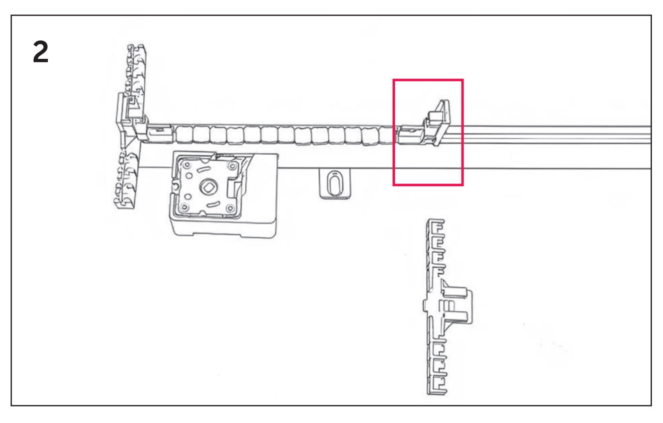 SLIDE eindhouder, montagetekening 2: eindhouder uitgelicht tussen de glijders SLIDE eindhouder, montagetekening 2: eindhouder uitgelicht tussen de glijders.