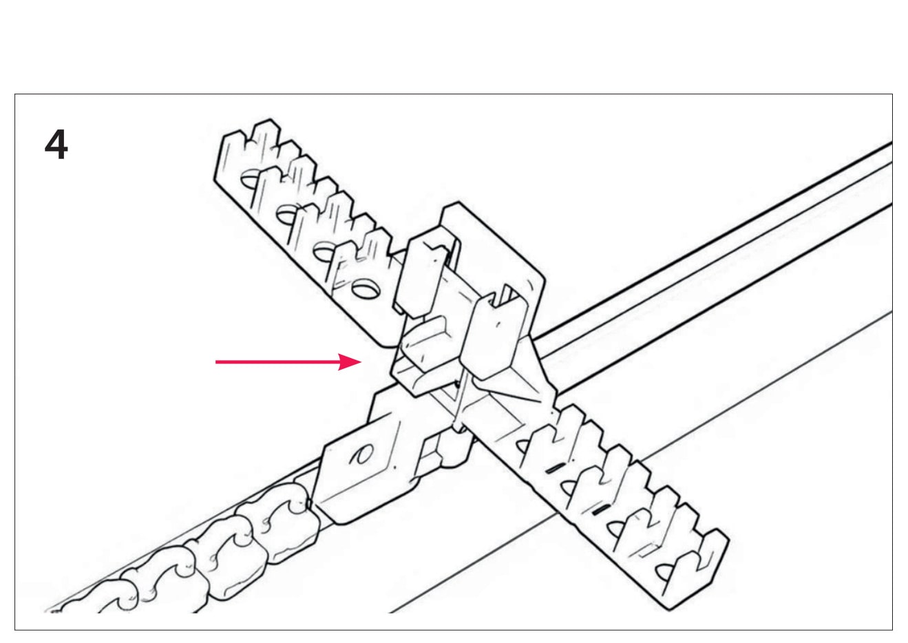 SLIDE eindhouder, montagetekening 4: aansluitpunt gemarkeerd met een pijl SLIDE eindhouder, montagetekening 4: aansluitpunt gemarkeerd met een pijl.