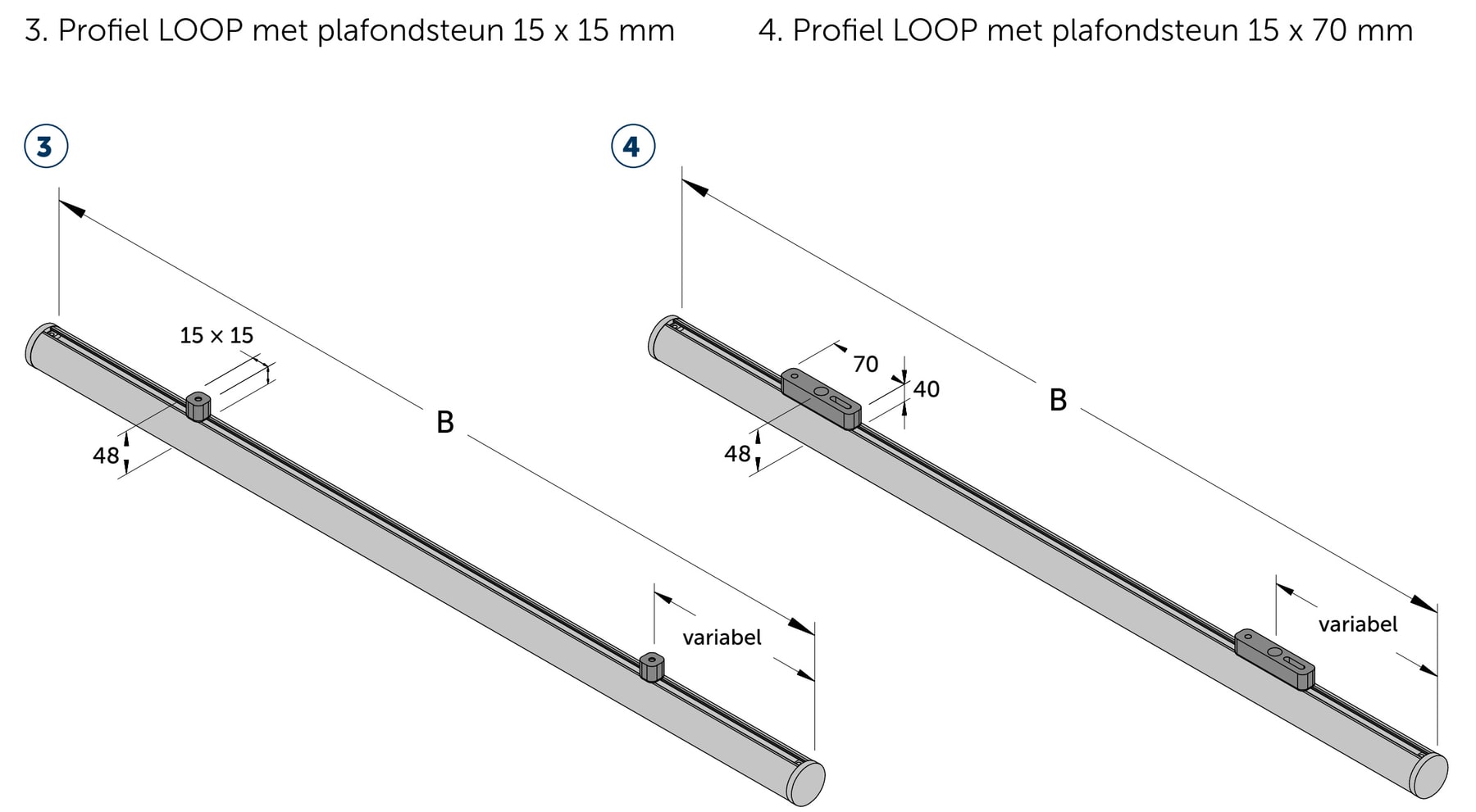 JAB SLIDE LOOP plafondmontage 15x15 en 15x70 mm maatvoering Technische illustratie van JAB SLIDE LOOP plafondmontage 15x15 en 15x70 mm maatvoering.