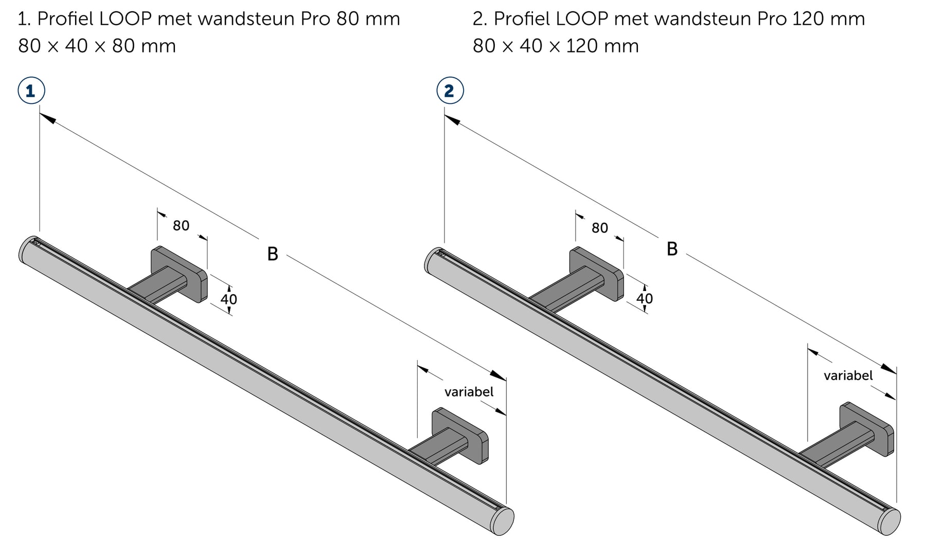 JAB SLIDE LOOP wandmontage pro 80 en 120 mm maatvoering Technische illustratie van JAB SLIDE LOOP wandmontage pro 80 en 120 mm maatvoering.