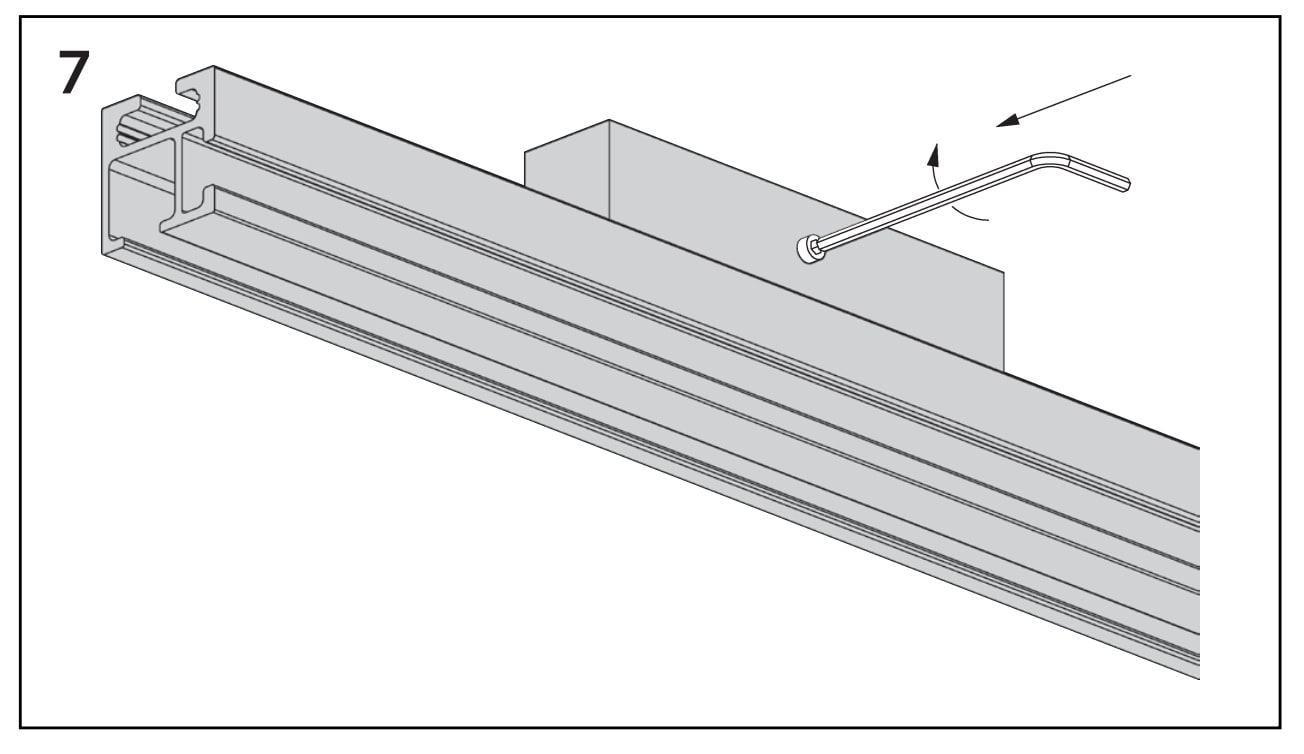 SLIDE plafondsteun 15 × 70 mm, montagetekening 7: railverbinding vastzetten met een inbussleutel SLIDE plafondsteun 15 × 70 mm, montagetekening 7: railverbinding vastzetten met een inbussleutel.