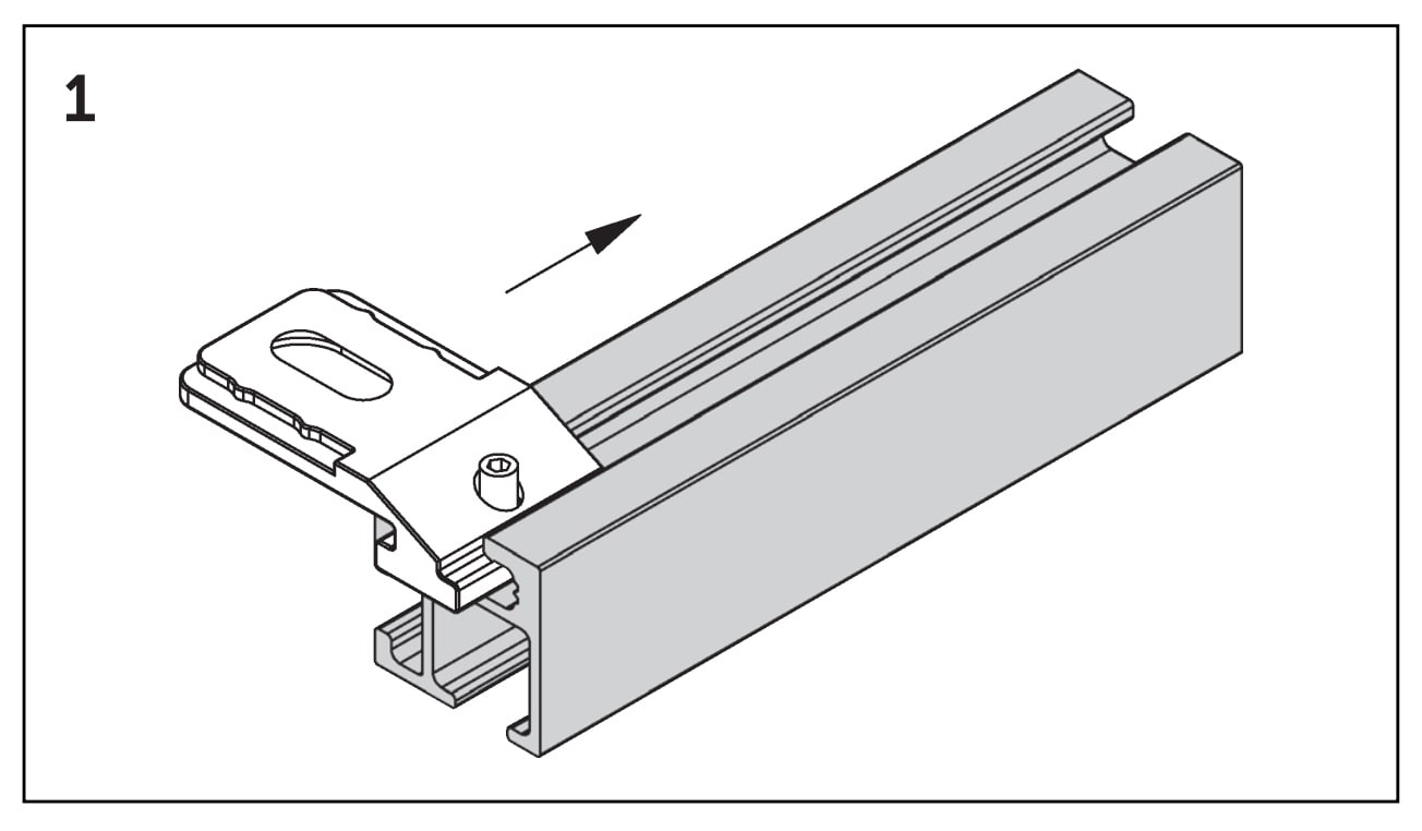 SLIDE plafondsteun Standard 3 mm, montagetekening 1: platte steun in het railprofiel schuiven SLIDE plafondsteun Standard 3 mm, montagetekening 1: platte steun in het railprofiel schuiven.