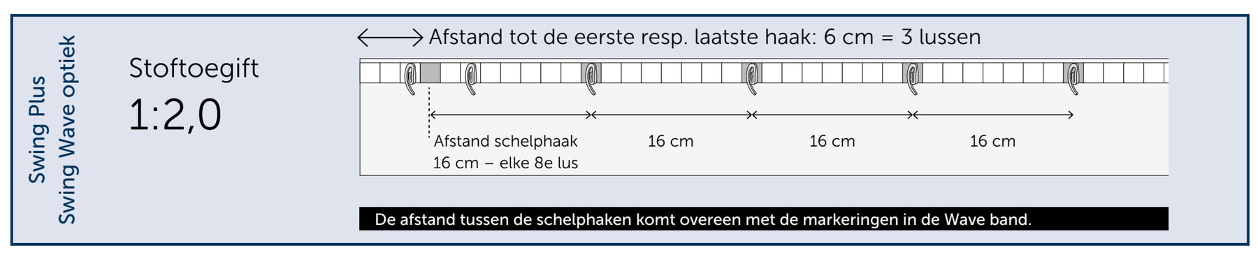 Technische tekening van SLIDE Wave-band met stoftoegift 1:2,0 en de positie van de schelphaken Technische tekening van SLIDE Wave-band met stoftoegift 1:2,0 en de positie van de schelphaken.