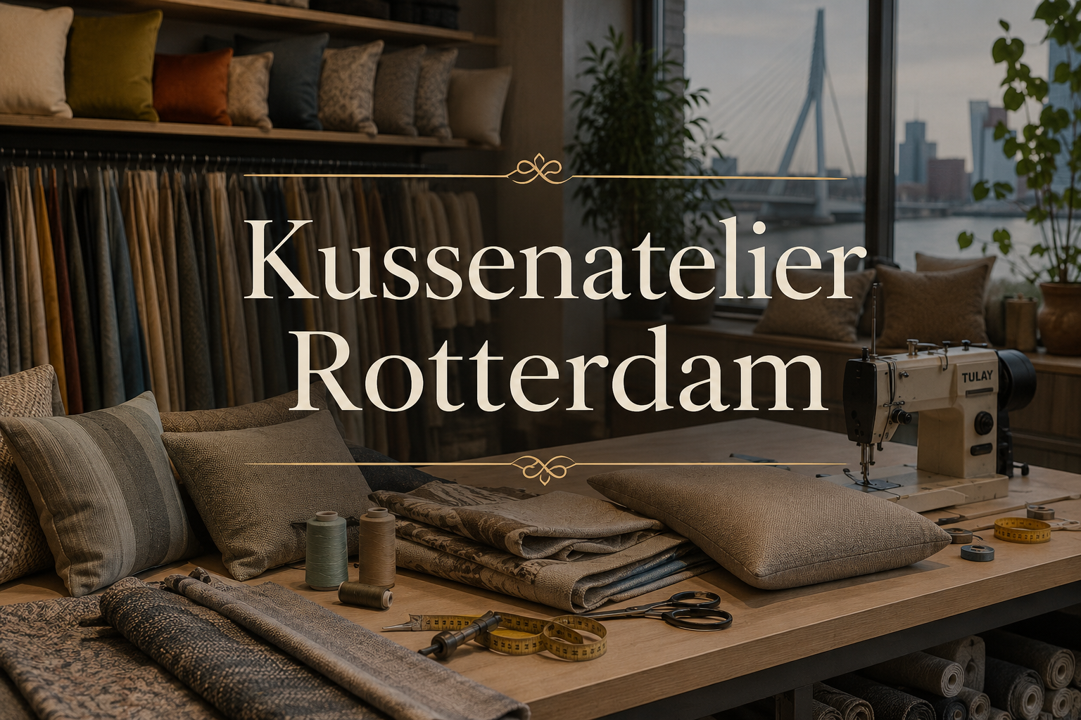 Kussenatelier Rotterdam 1 Kussenatelier in Rotterdam met maatkussens, meubelstoffen, naaimachine en de tekst Kussenatelier Rotterdam.