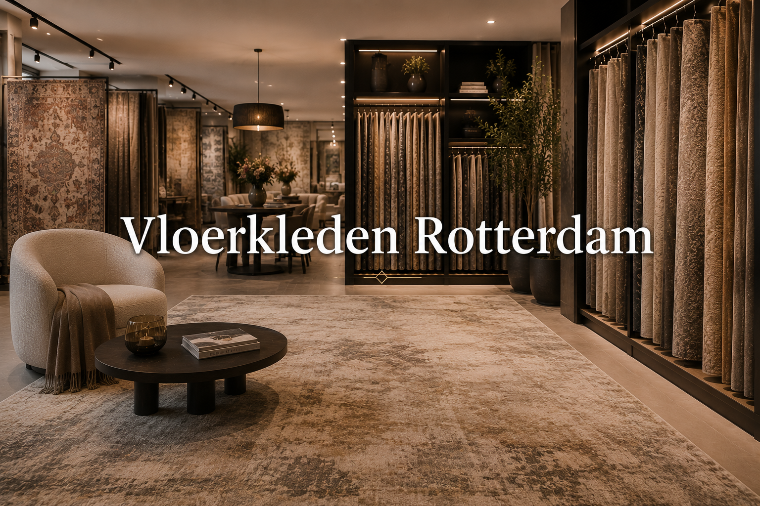 Vloerkleden Rotterdam 1 Stijlvol vloerkleed in een warm interieur met de tekst Vloerkleden Rotterdam